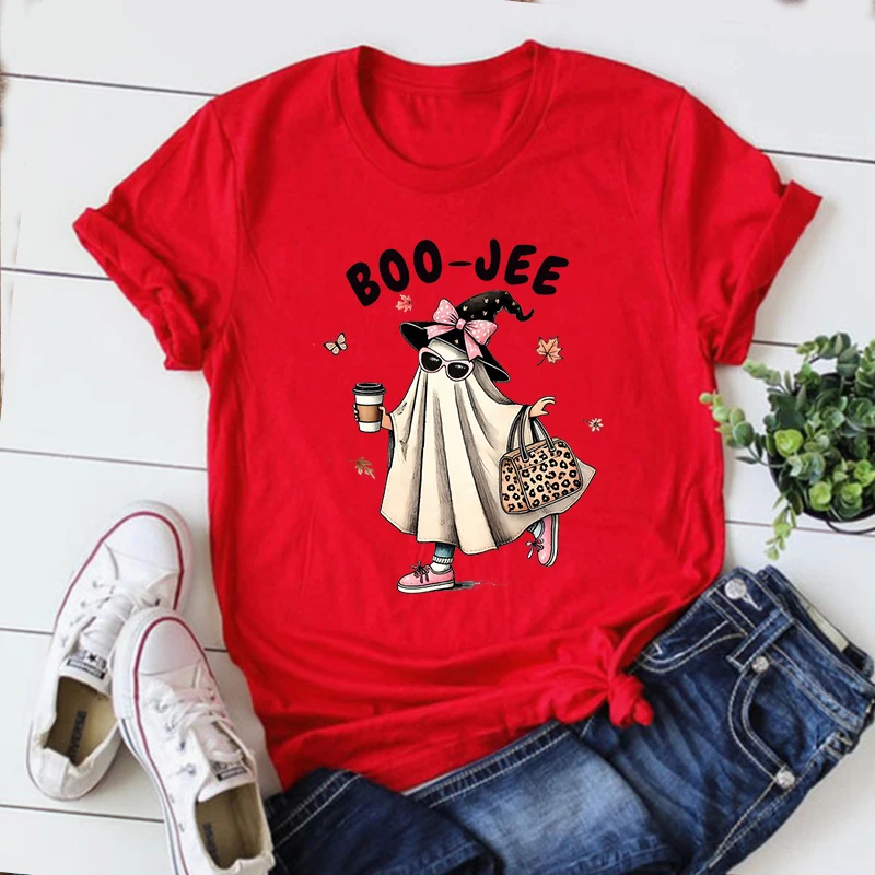 Boo Women Tshirts Ghost Halloween 2024 T-Shirt BooTee Coffee Lover Shirt Halloween Party Gift  Vintage Top