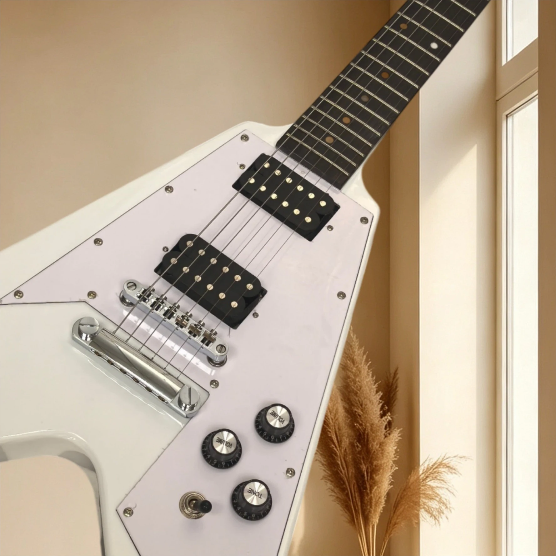 Pure White Gloss V Shape Flying Electric Guitar Mahogany Body HH Closed Pickups For Heavy Metal Hard Rock Stage Performance