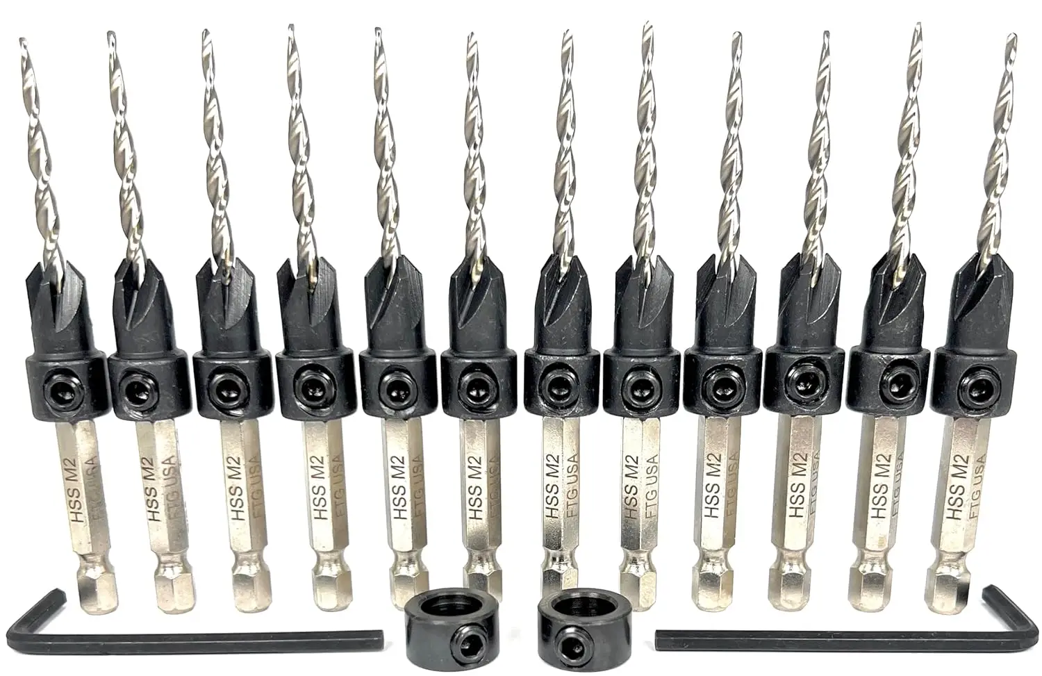 

12 Pc #6 (9/64") Adjustable Wood Countersink Drill Bit Set with Parabolic Flute, Depth Stop Collars, Hex Wrench