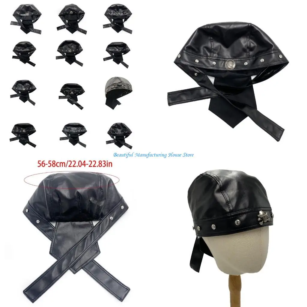 

E56A Stylish Skull Cap Punk PU Motorcycle Hat With Rivet Studs Breathable Turban Hat