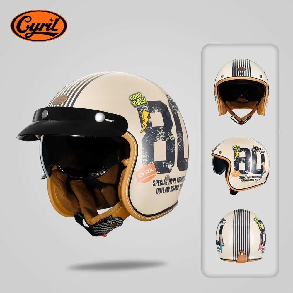 Original CYRIL B206 Retro 3/4 Open Face Motorcycle Helmet Lightweight ABS Built-in Sun Visor ECE Jet Helmet Men Women Commuter