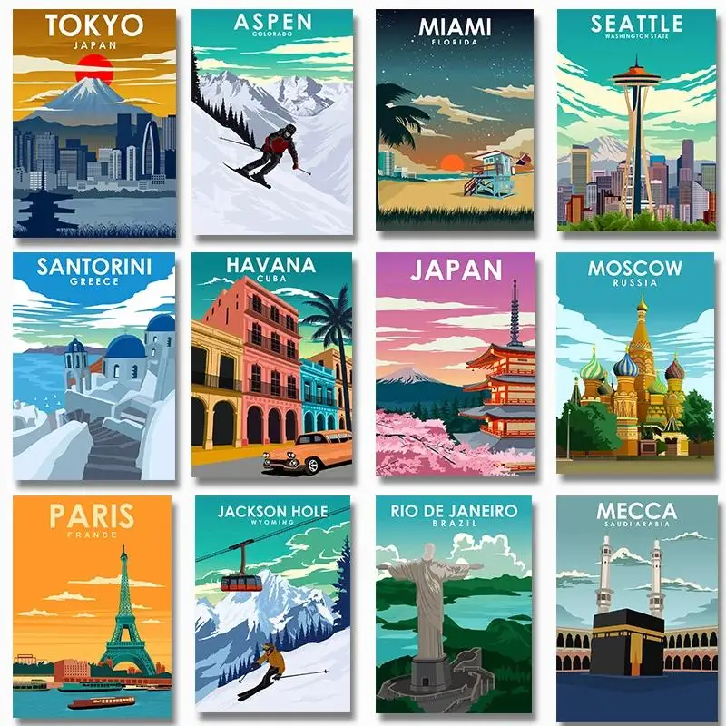 City Travel Poster  Tokyo Miami Santorini Paris Moscow Mecca Brazil Canvas Painting  Modern Wall Art for Home Decor