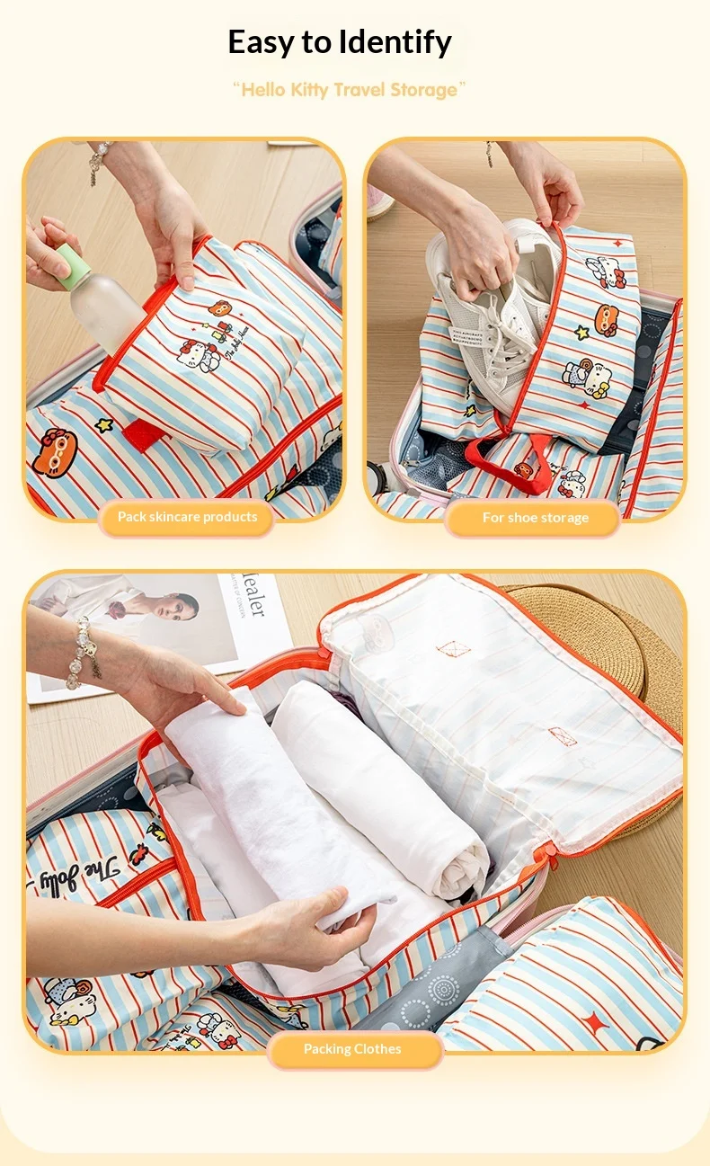 Hello Kitty Gestreifte Reise-Aufbewahrungstaschen Wasserdichte Koffer-Organizer-Tasche für Kleidung, Unterwäsche, Schuhe, Organisation, Geschenk – Detail 5