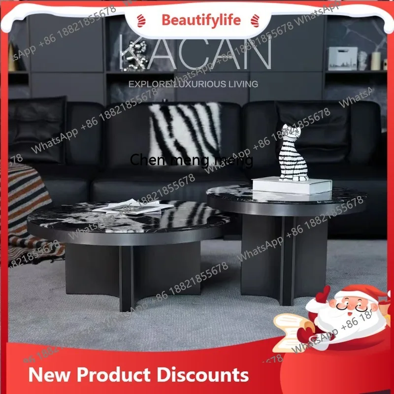 D178 d06 Italian Minimalist Modern Style Light Luxury Black Marble Combination Living Room Round Coffee Table