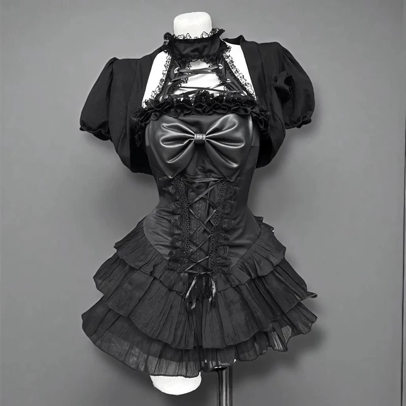 

Готические комплекты из двух предметов для женщин Y2K Холтер без рукавов с кружевным бантом в стиле пэчворк мини-платье черная уличная одежда Лолита Hottie укороченный кардиган новый