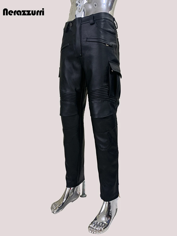 Nerazzurri Autumn Cool Handsome Fitted Matte Black Pu Leather Pencil Pants Men High Waist Luxury Designer Emo European Clothes