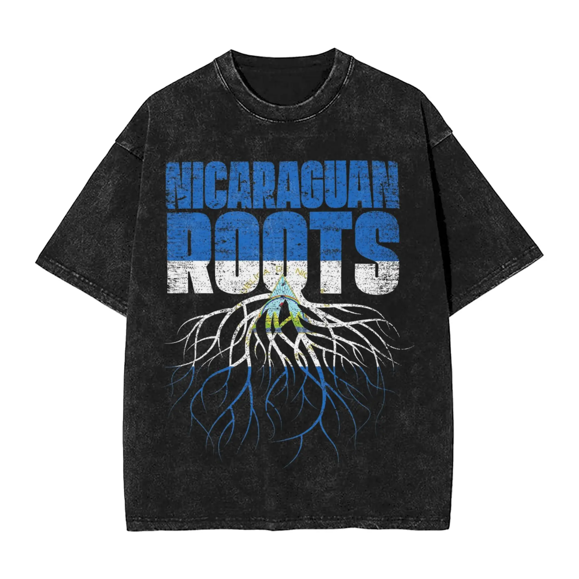Nicaraguan Roots Nicaragua Heritage Flag Washed T Shirts Streetwear Hip Hop T-Shirts  Tees Men Short Sleeve High Street Summer