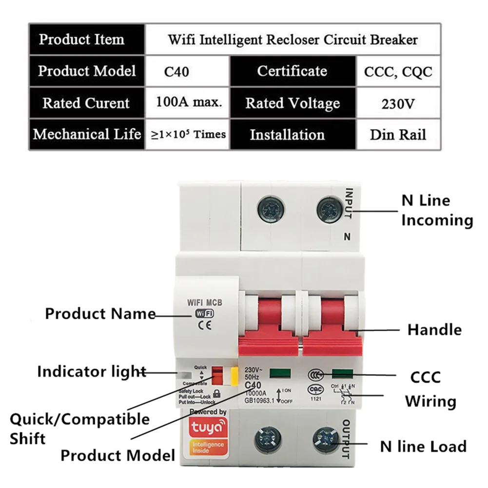 Intelligent for Circuit Breaker WiFi Control 40A Current Overload and Short Circuit Protection for Smart Life Compatible