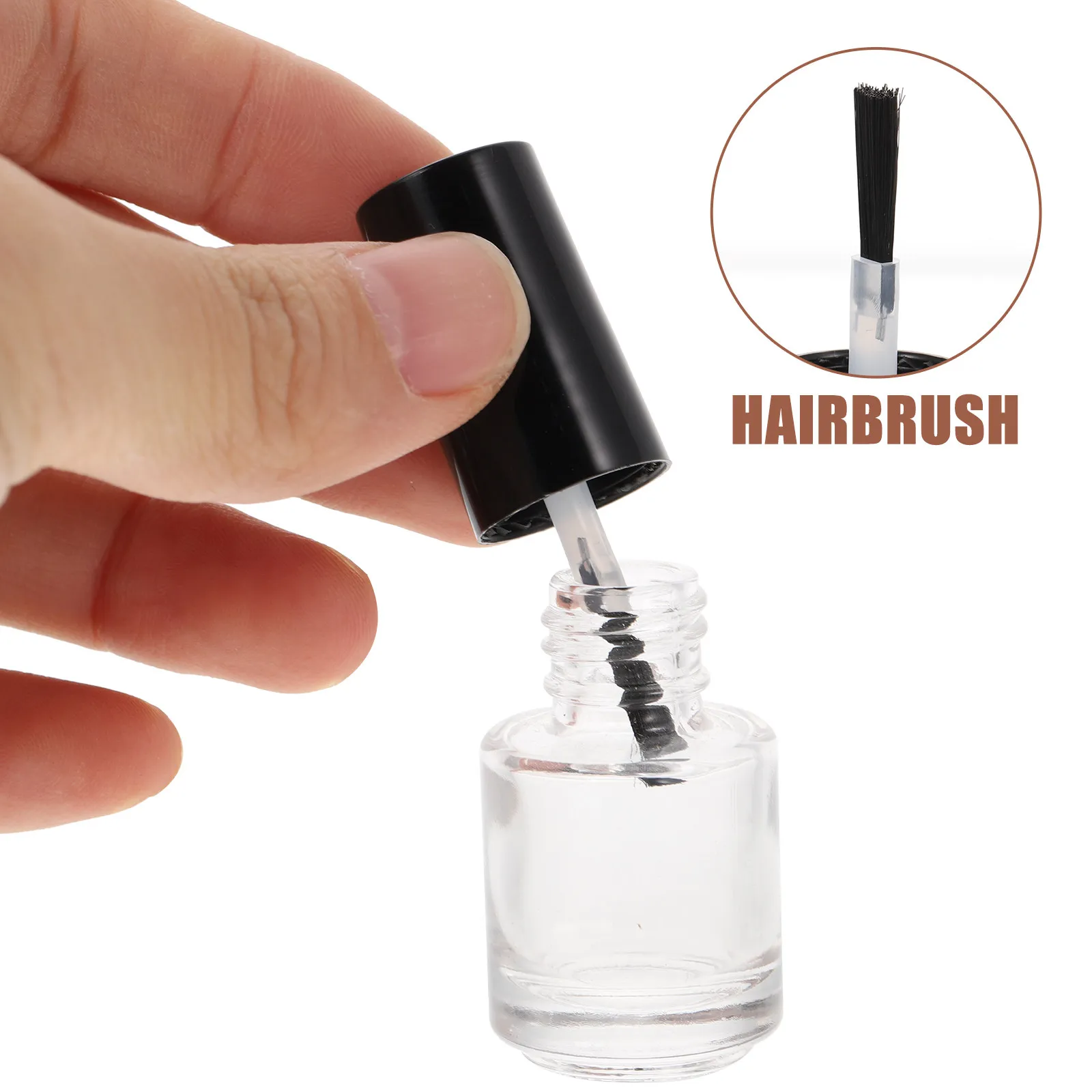 20Pcs Glass Nail Bottle Transparent Round Empty Containers with Brush and Black Cap for Nail Polish Refill DIY Labeling Flat