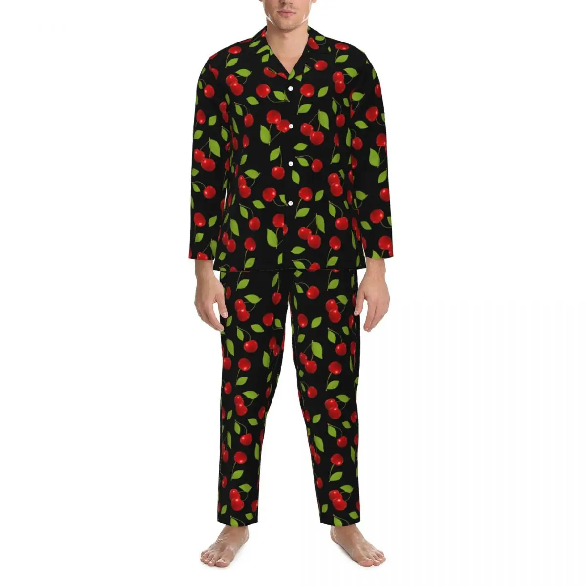 Cute Cherries Pajama Set Green Leaves Fashion Sleepwear Male Long Sleeve Vintage Leisure 2 Piece Nightwear Plus Size