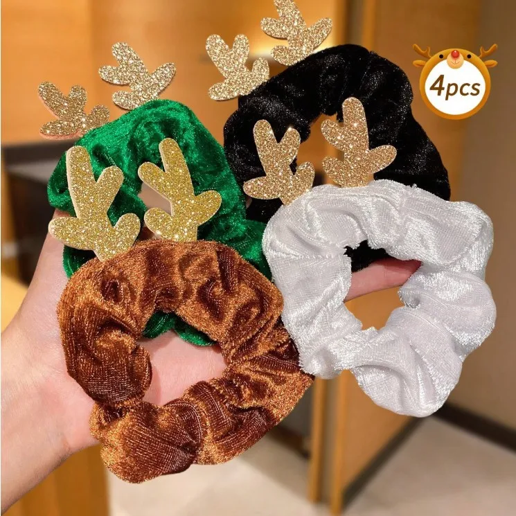 Hair Scrunchie Christmas Plush Reindeer Antler Cute Cartoon Hair Tie for Kids Red Brown White Elastic Fabric Lightweight Party