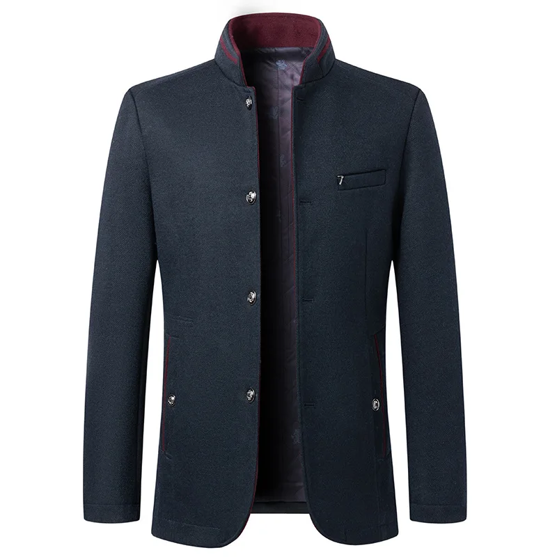 Winter Jackets for Men Business Causal Woolen Coat Classic Stand Collar Solid Wool Blends Coat Simple Middle-aged Mens Clothing