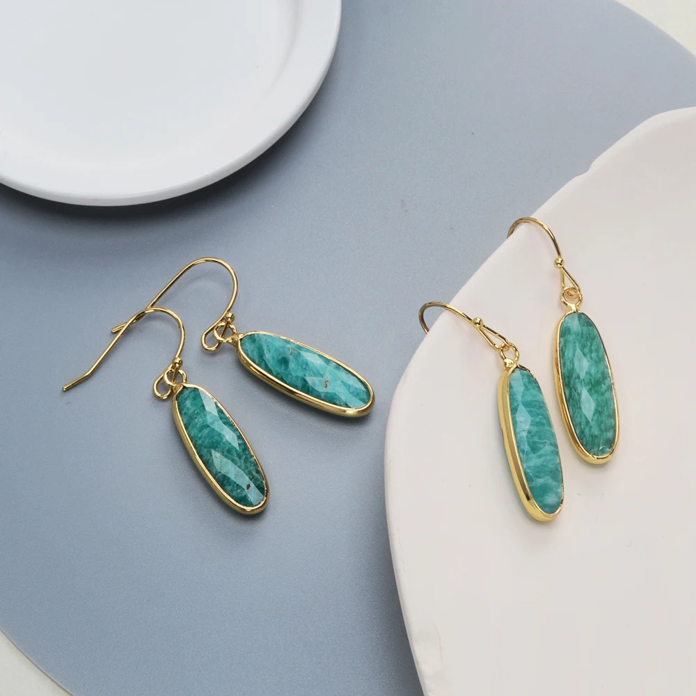 BOROSA Unique Long Teardrop Golden Plated Amazonite Faceted Dangle Earrings Natural Green Stone Drop Earring Jewelry Accessories