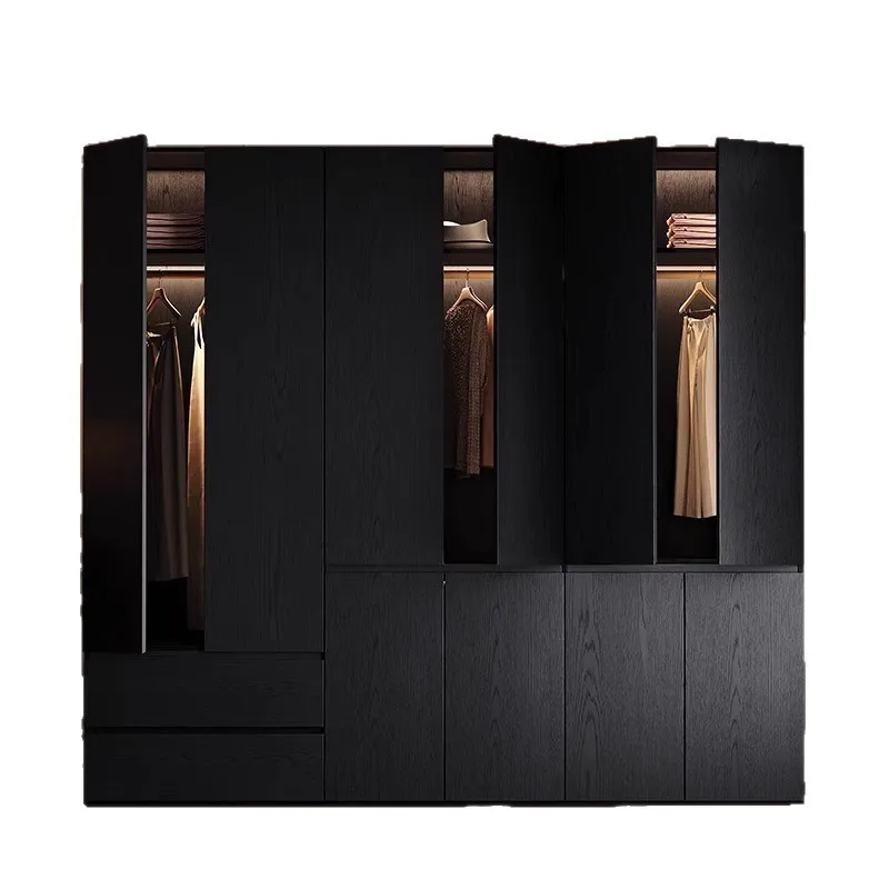 Italian minimalist wardrobe solid wood free handle new bedroom home wardrobe retro one wall to top segmented locker