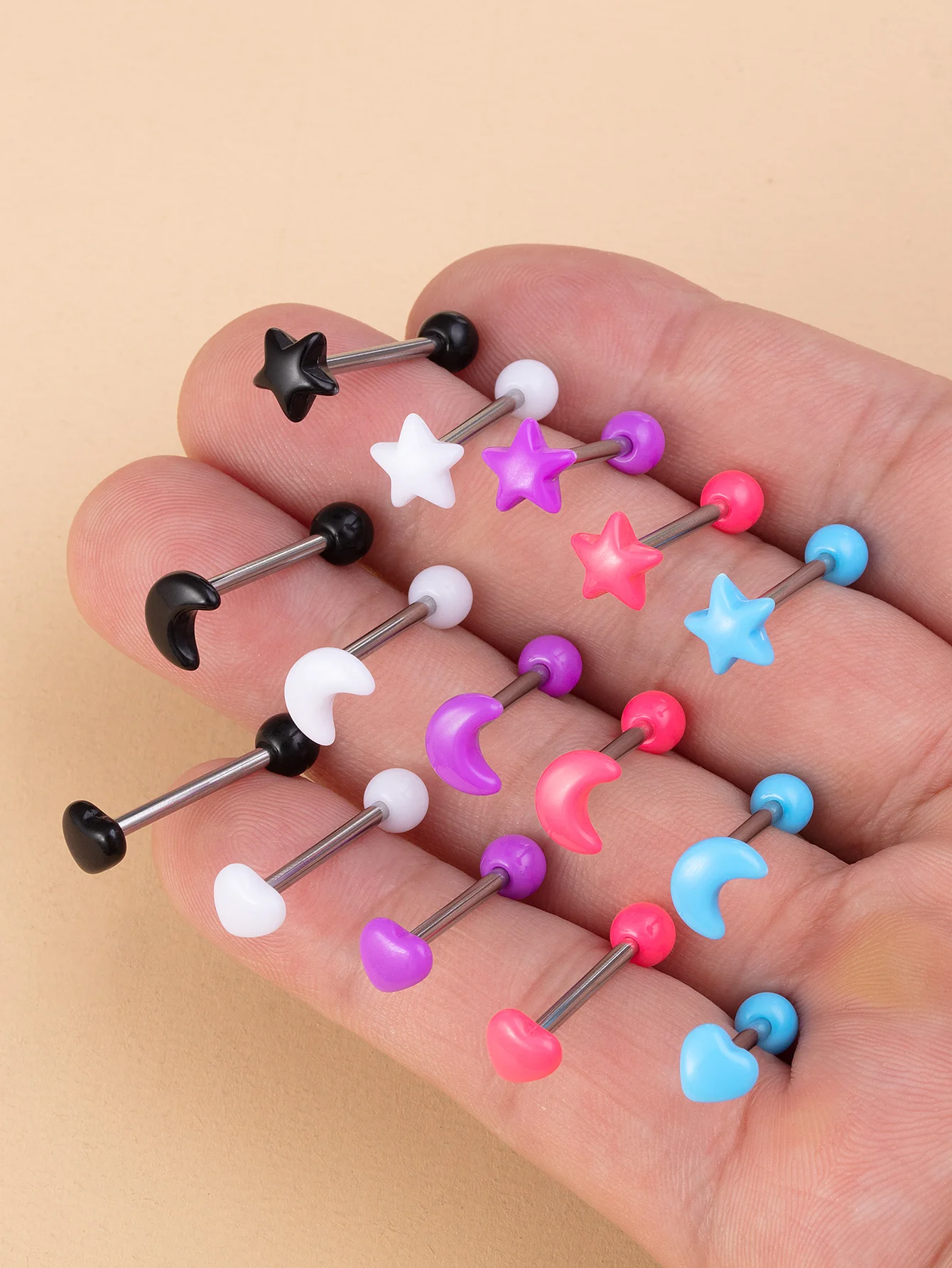5pcs Acrylic Star Moon Heart Tongue Stud for Women Girl Stainless Steel Tongue Barbell Cute Trendy Tongue Piercing Jewelry