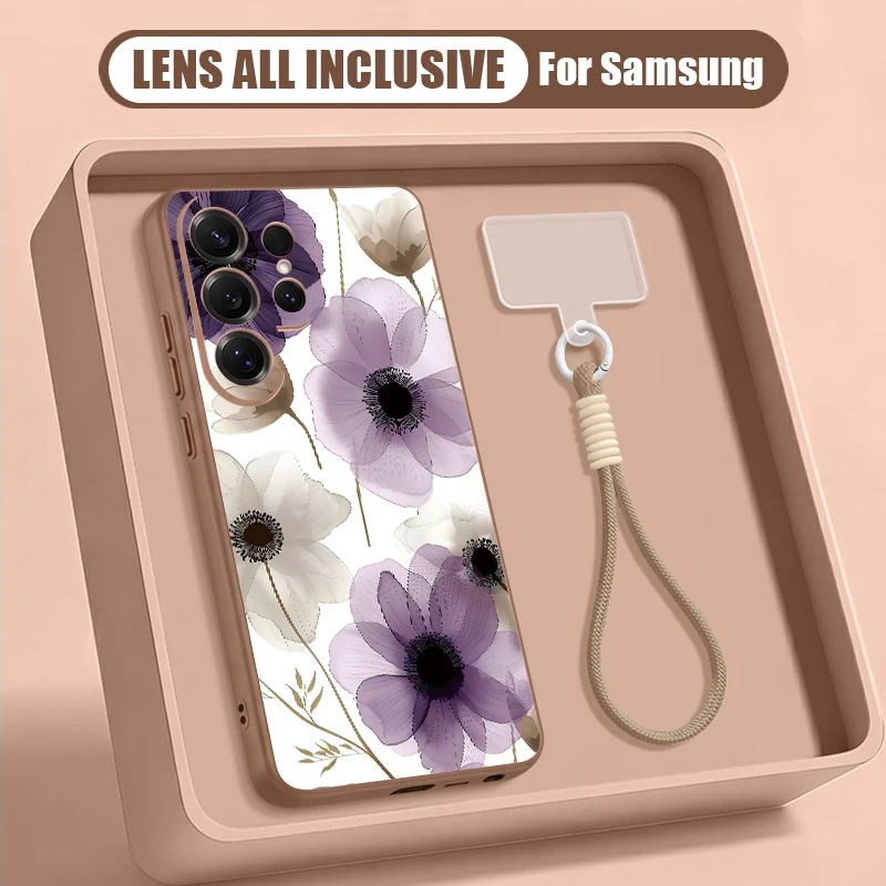 Purple Floral Magnetic Case For Samsung Galaxy A57 A17 A56 A37 A16 A55 A36 S26 S25 Ultra S24 S23 FE Wrist Lanyard Phone Cover
