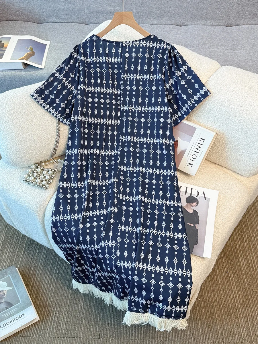 Gaun Motif Rumbai Leher-o Lengan Pendek Longgar Musim Panas 153 Dada Wanita Ukuran Besar 150Kg Biru 5XL 6XL 7XL 8XL 9XL