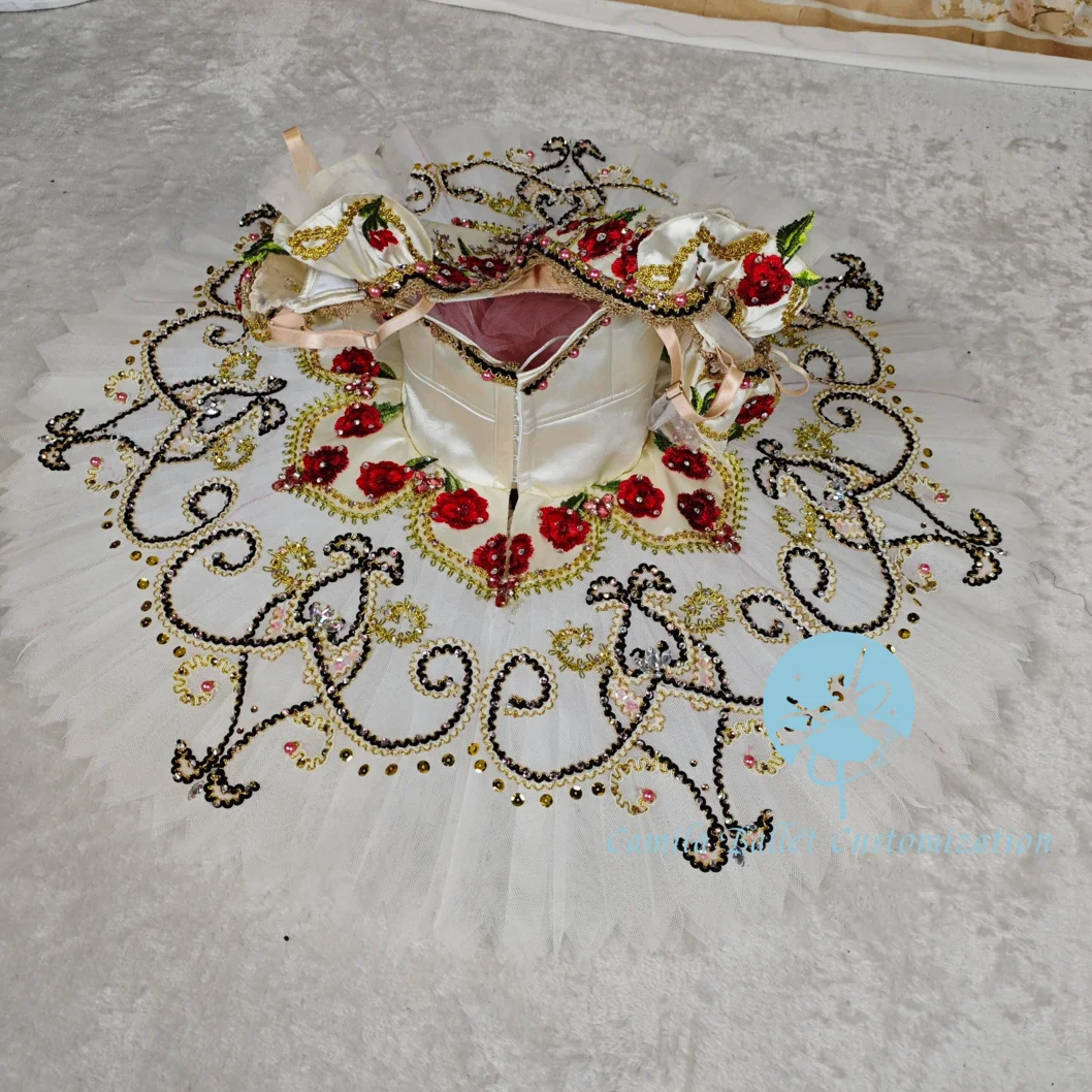 Wysokiej klasy, szyta na miarę, mlecznobiała spódniczka tutu z motywem róż Aesmilada, wróżka, Śpiąca Królewna, balet, dla dorosłych i dzieci.