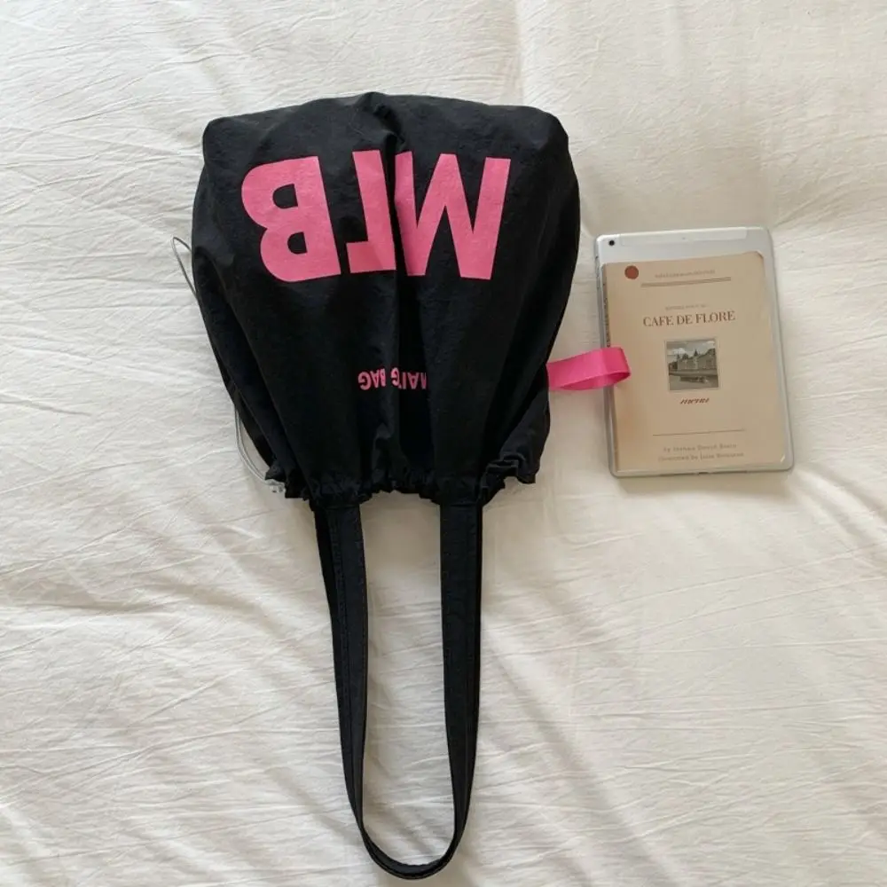 Fashion Solid Color Drawstring Bags Nylon Light Weight Letter Shoulder Bag Large Capacity Shopping Tote Bags Ladies