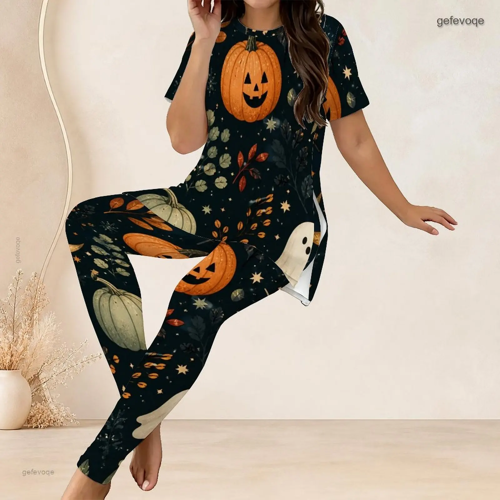 Women Round Neck Short Sleeve Longline Top Fitted Pants Two Piece Printed Pants Set