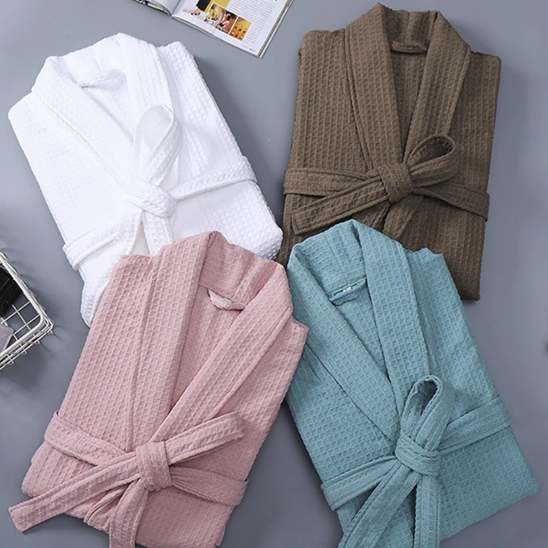 

Summer Solid Color Waffle Nightwear Sleep Lounge Robes Female Home Dressing Gown Kimono Robes Bathrobes Spa sauna garments