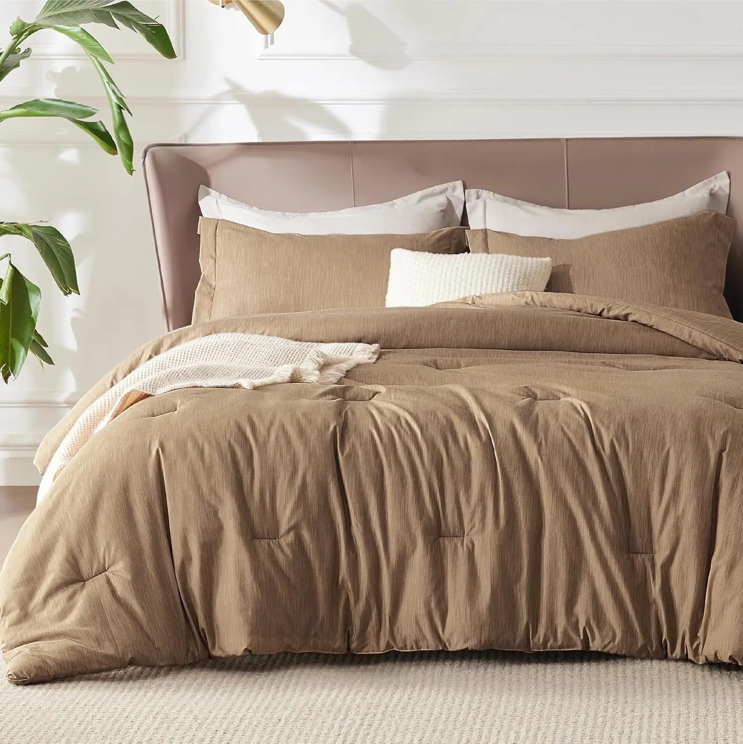 

King Size Comforter Set - Brown Soft Bedding For All Seasons, Cationic Dyed Bed Set, 3 Pieces, 1 King Size Comforter