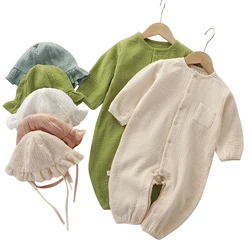 2Pcs Baby Romper Hat Muslin Toddler Outfit Set Long Sleeve Spring Summer Baby Girls Boys Clothes Newborn Jumpsuits Infant Onesi