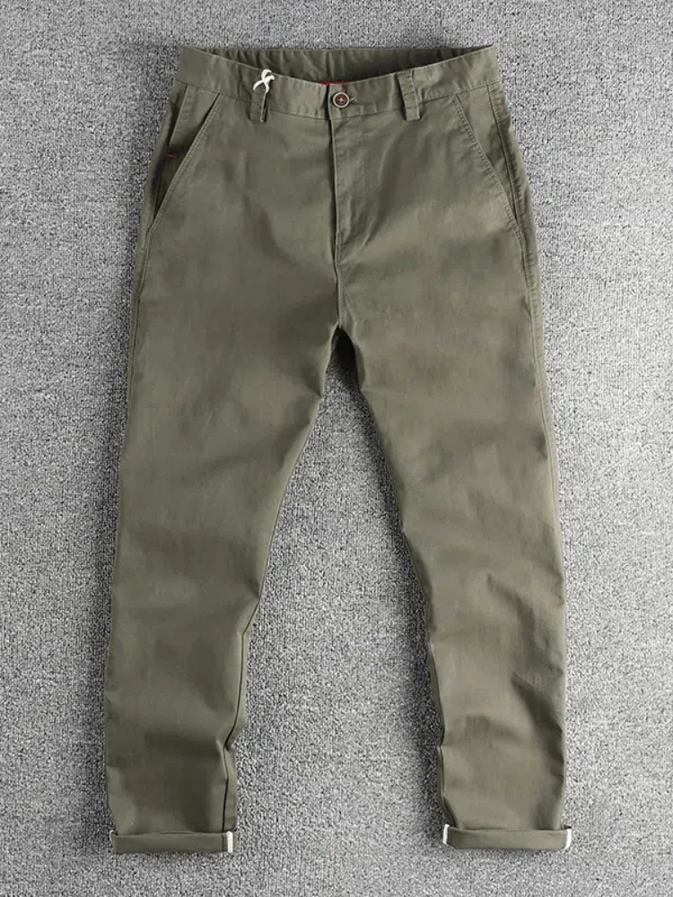Autumn New Japanese Retro Woven Twill Slim Chino Busniess Pants Men\'s Simple 98% Cotton Washed Casual Straight Pencil Trousers