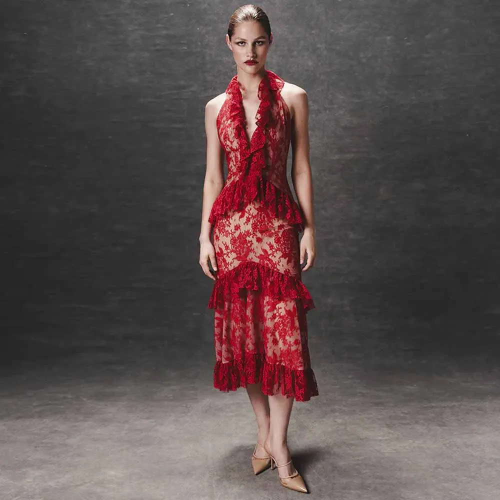 

Сексуальные женские коктейльные платья 2025 года, кружевное платье-футляр/колонна на День святого Валентина, красное платье с лямкой на шее и оборками на спине, платье для матери невесты