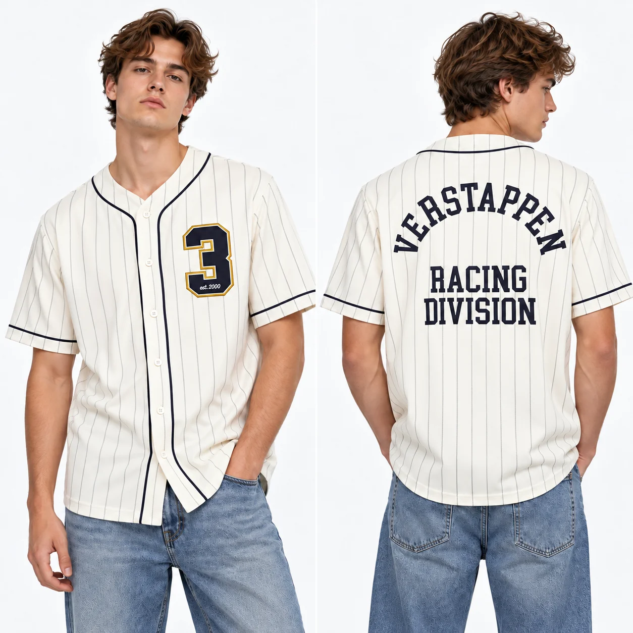 V-Verstappen  Baseball Jersey Cream Pinstripe Number 3 Button Down Short Sleeve V Neck Unisex  Fans Gift