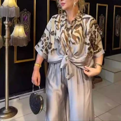 pant sets Women Elegant Button Leopard Print Ptchwork Fashion Loose Set Retro Lace Up Top & slit Wide Leg Pants 2 piecear Set