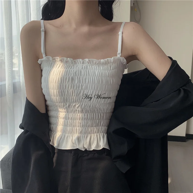 Pleated Camisole Bralette Crop Top with Chest Pad Sexy Solid Spaghetti Straps Backless Tank Top Beautiful Back Vest Lingerie