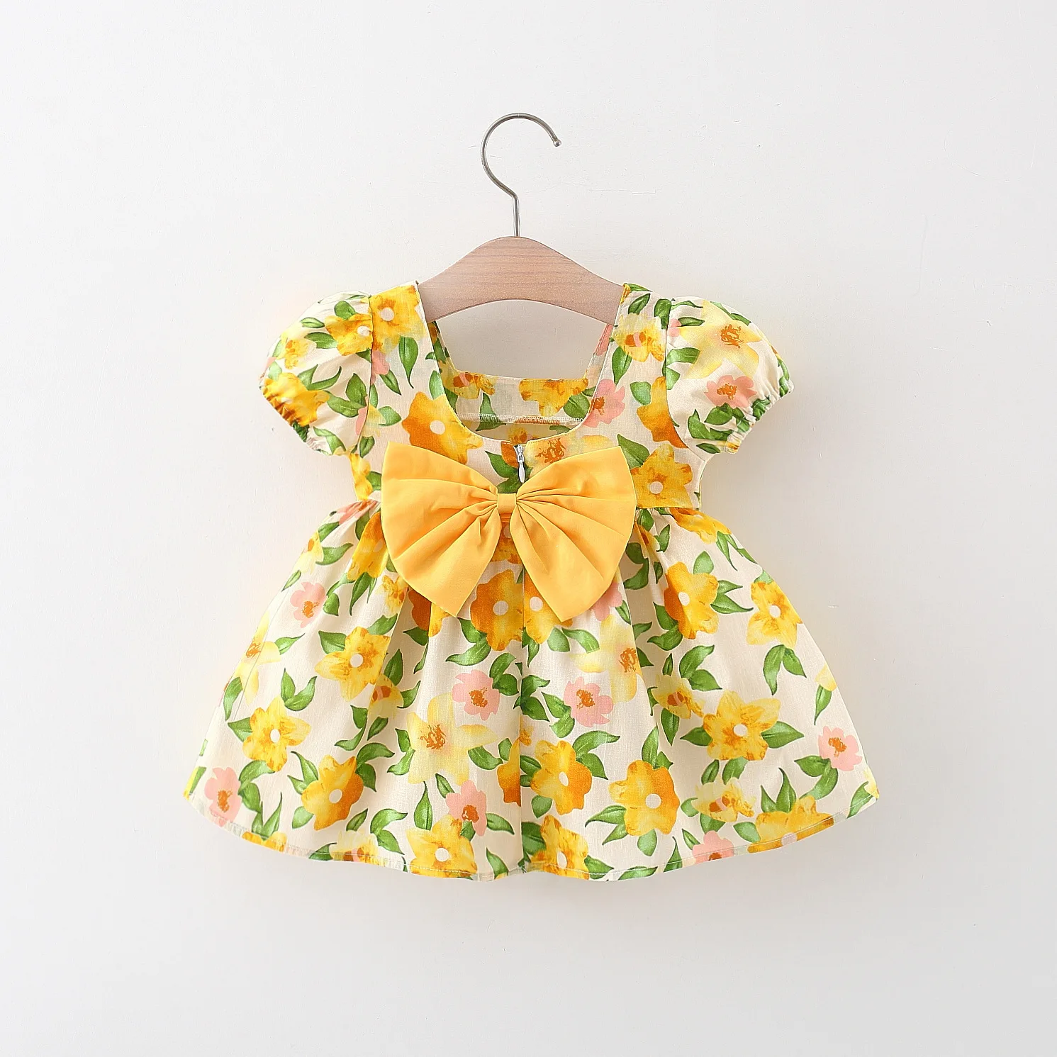 Baby Girl Summer Cotton Love Print Bow Small Square Neck Dress Girl Korean Fashion Bubble Sleeve Party Dress