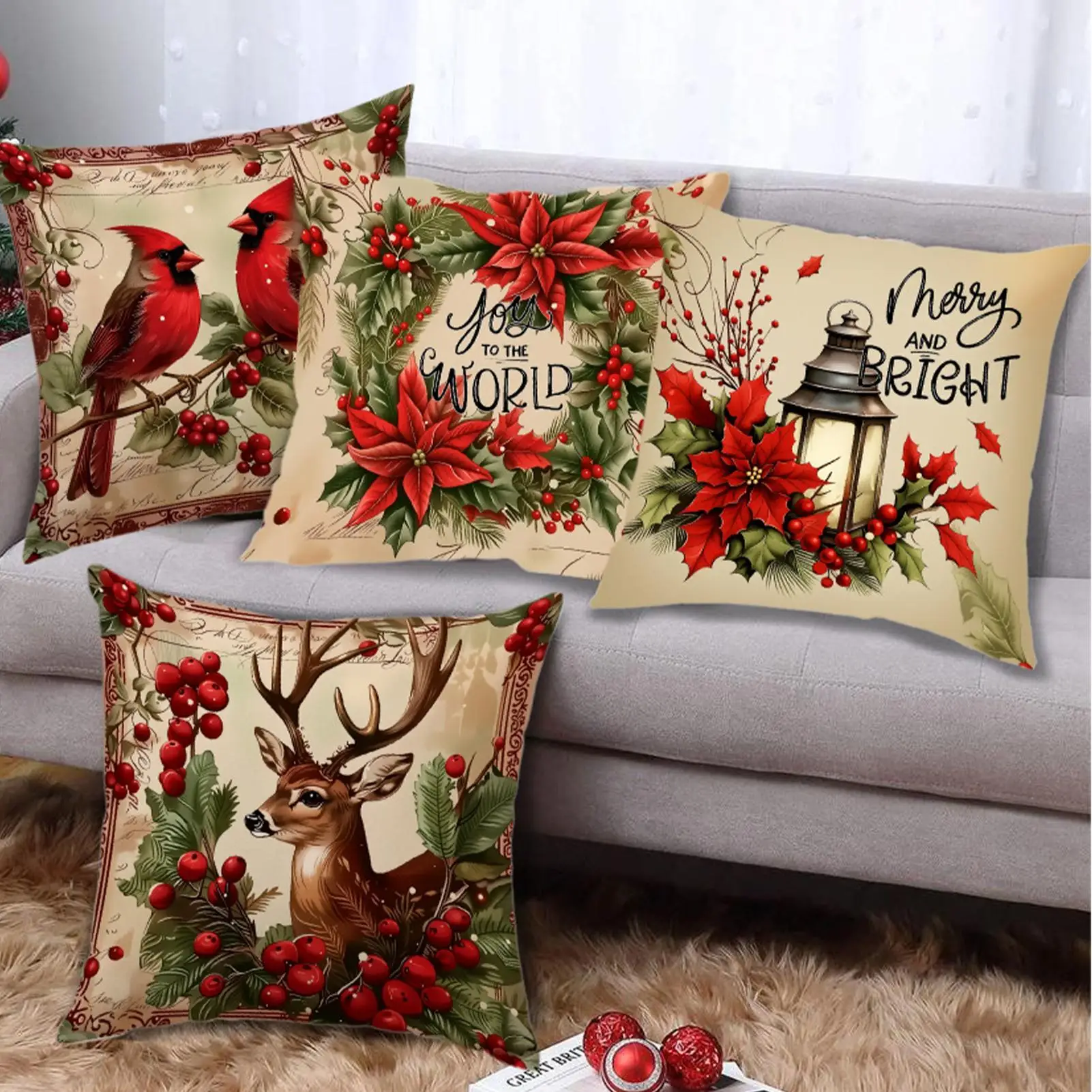Christmas Throw Pillow Covers 18x18 Inch Linen Red Bird Flower Pillow Covers Christmas Decorations For Sofa Bed Farmhouse Winter