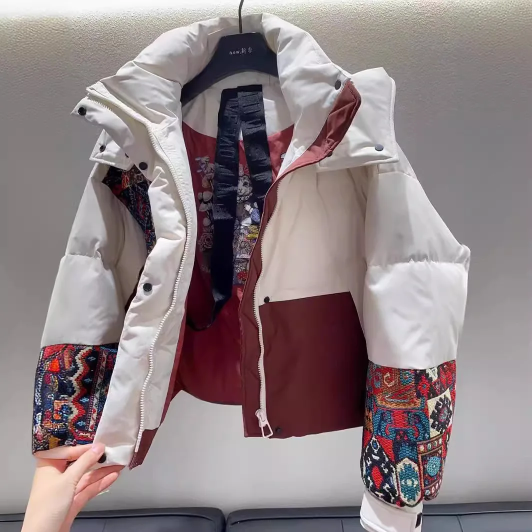 

Small waist winter embroidery foreign style splicing contrasting colors retro ethnic style color hooded short down jacket