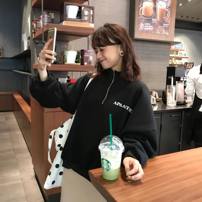 Sudaderas con capucha de cuello medio abierto para mujer, sudaderas con letras elegantes de manga larga Harajuku para estudiantes de calle, Popular Ulzzang, combina con todo, novedad de otoño