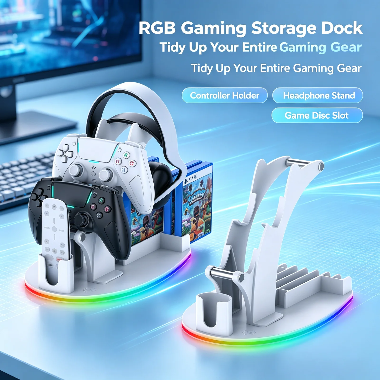 RGB Storage Stand for PS5 Console Desktop Organizer Headphone Controller Disc Holder LED Light Gaming Accessories