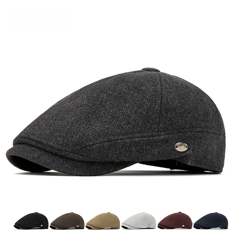 الرجال الخريف الشتاء الصوف مزيج قبعة بيريه بلون شعار صغير دافئ كلاسيكي النمط الفرنسي الرسام قبعة قابل للتعديل 57-61 سنتيمتر