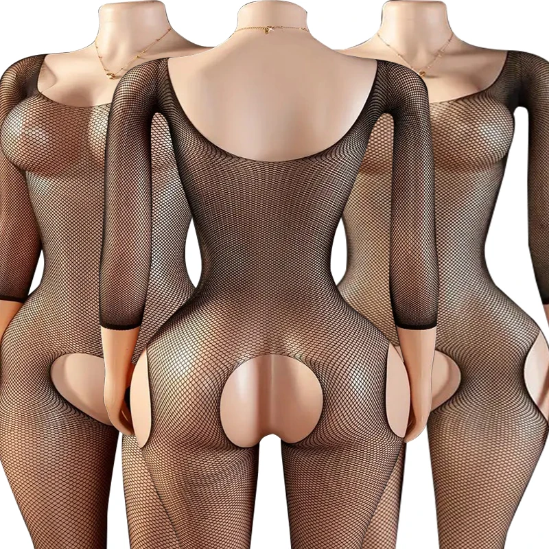 

Erotic Crotchless Lingerie Women Sexy Fishnet Hollow Bodystockings Full Sleeve Off Shoulder Baby Doll Dress Porno Underwear Set