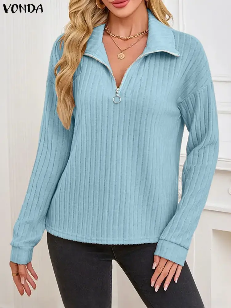 

VONDA Kintted Sweaters Women Fashion Long Sleeve Jumpers 2025 Autumn Zipper Casual Solid Knitwear Loose Elegant Office Tops