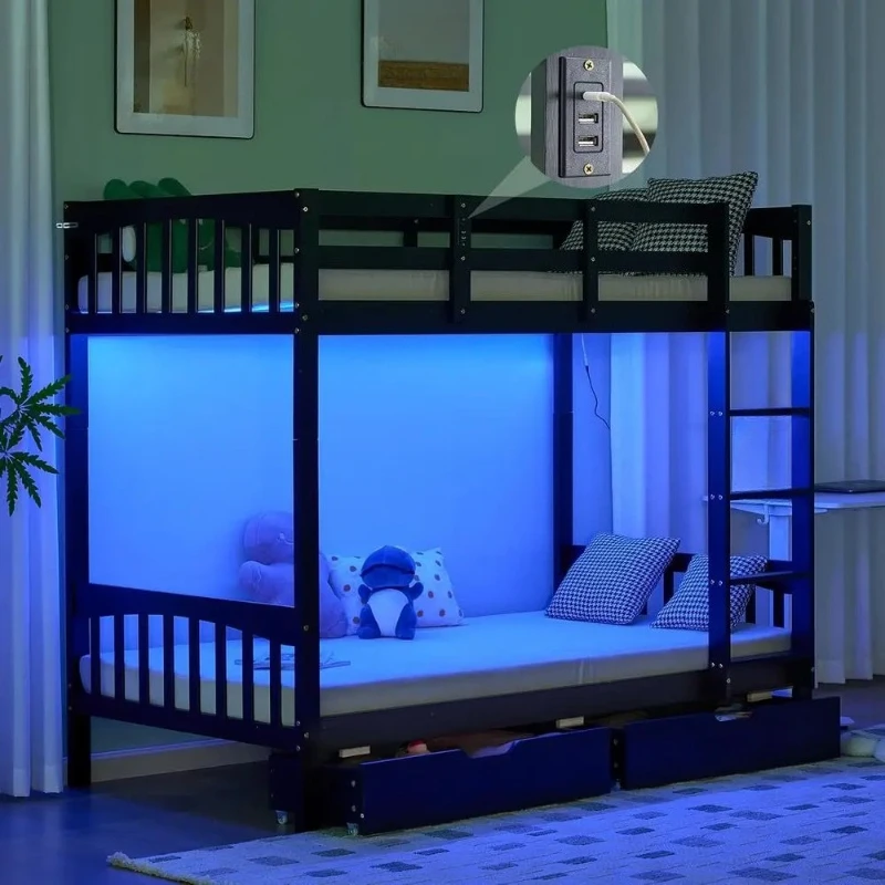 Twin Over Twin Solid Wood Bunk Bed with Storage Drawers, RGB LED, Charging Station, and Safety Rail for Kids - Black