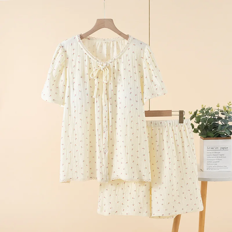

Women's Floral Printed Cotton Shorts Pajamas Set For Summer Thin Round Neck Short-sleeved Shorts Kawaii Clothes