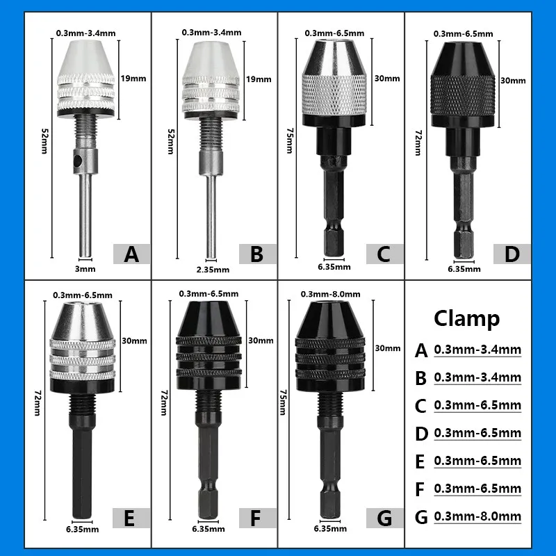 XCAN Keyless Drill Chuck 0.3-3.4mm 0.3-6.5mm 0.3-8mm Hex Shank Chuck Adapter Drill Drilling Converter Tool Drill Chuck Clamp