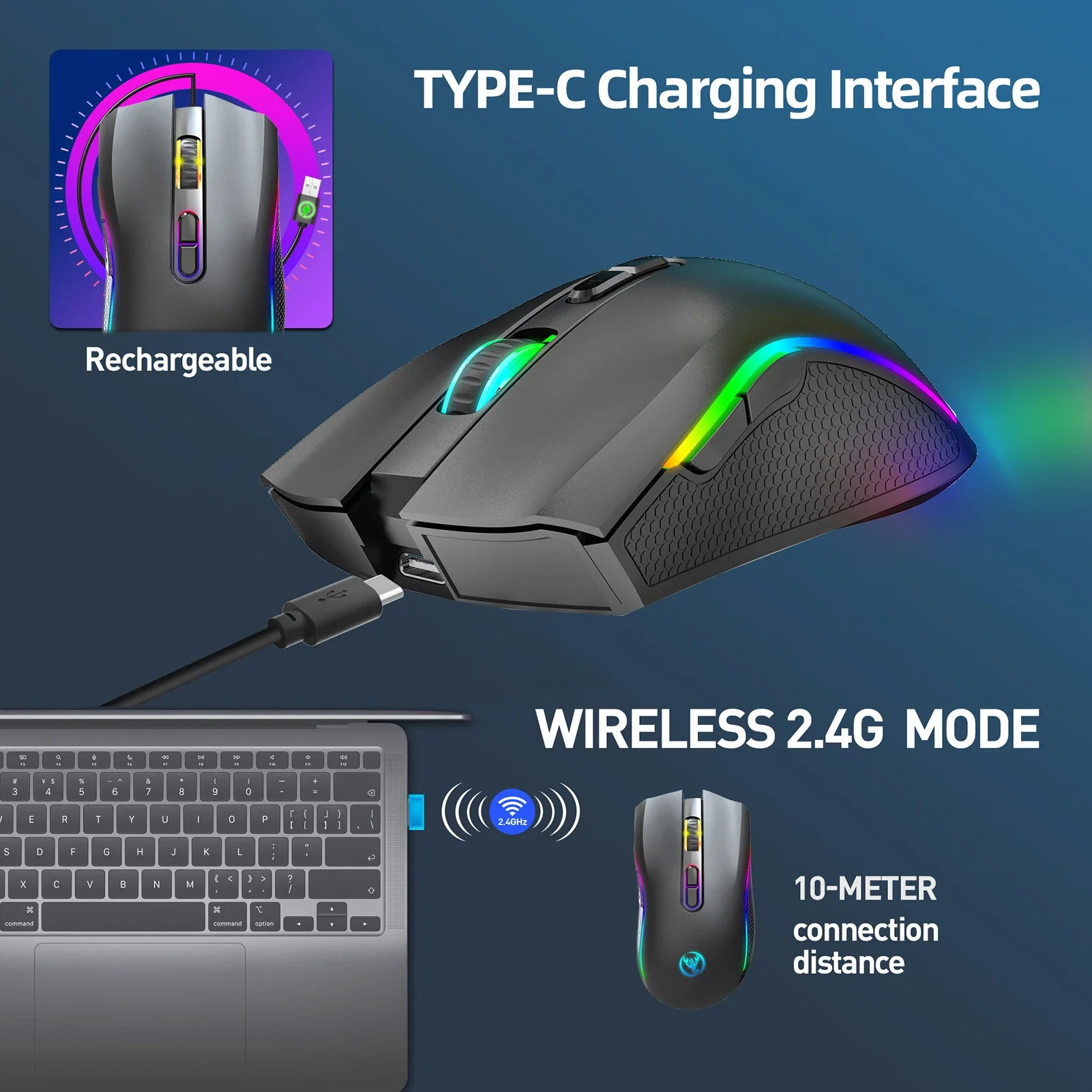 YP Programmable Buttons 10 Million Keystroke Lifetime 4800DPI Gaming Mouse T69 2.4G Wireless Mechanical Mouse RGB Ergonomic 7