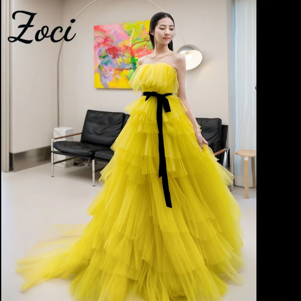 

Zoci Elegant Strapless Korea Evening Dresses Black Belt Customized Photos Shoot Dresses Yellow Tiered Tulle Wedding Party Gown