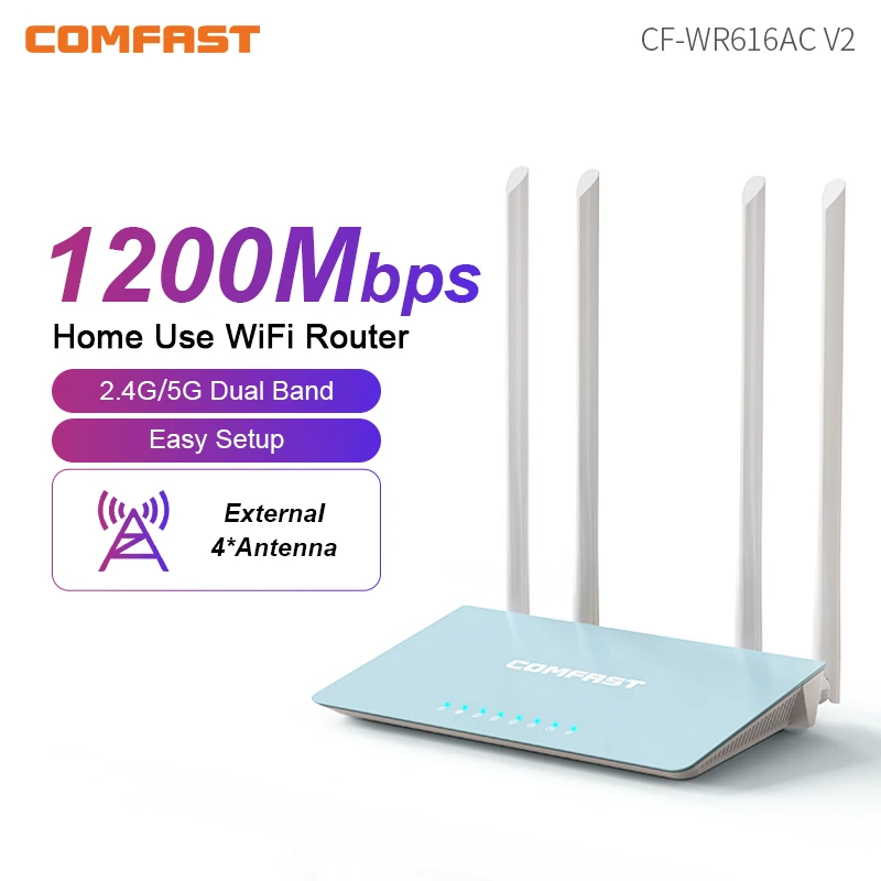 

Comfast 1200Mbps High Speed Dual Band Wireless Router 1 WAN+3 LAN RJ45 Ports 4*5dbi High Gain Antenna 11AC WiFi Router MUMIMO