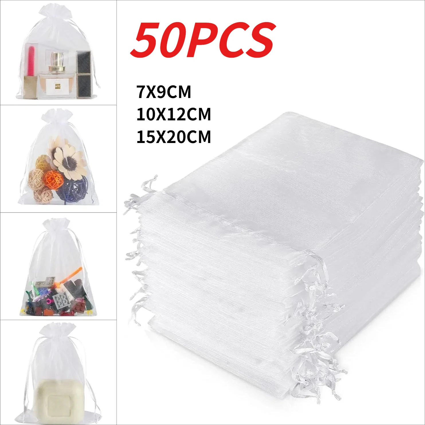 

50PCS White Organza Gift Packaging Bag for Weddings Christmas Parties Gift Storage and Decoration Drawstring Gauze Storage Bag