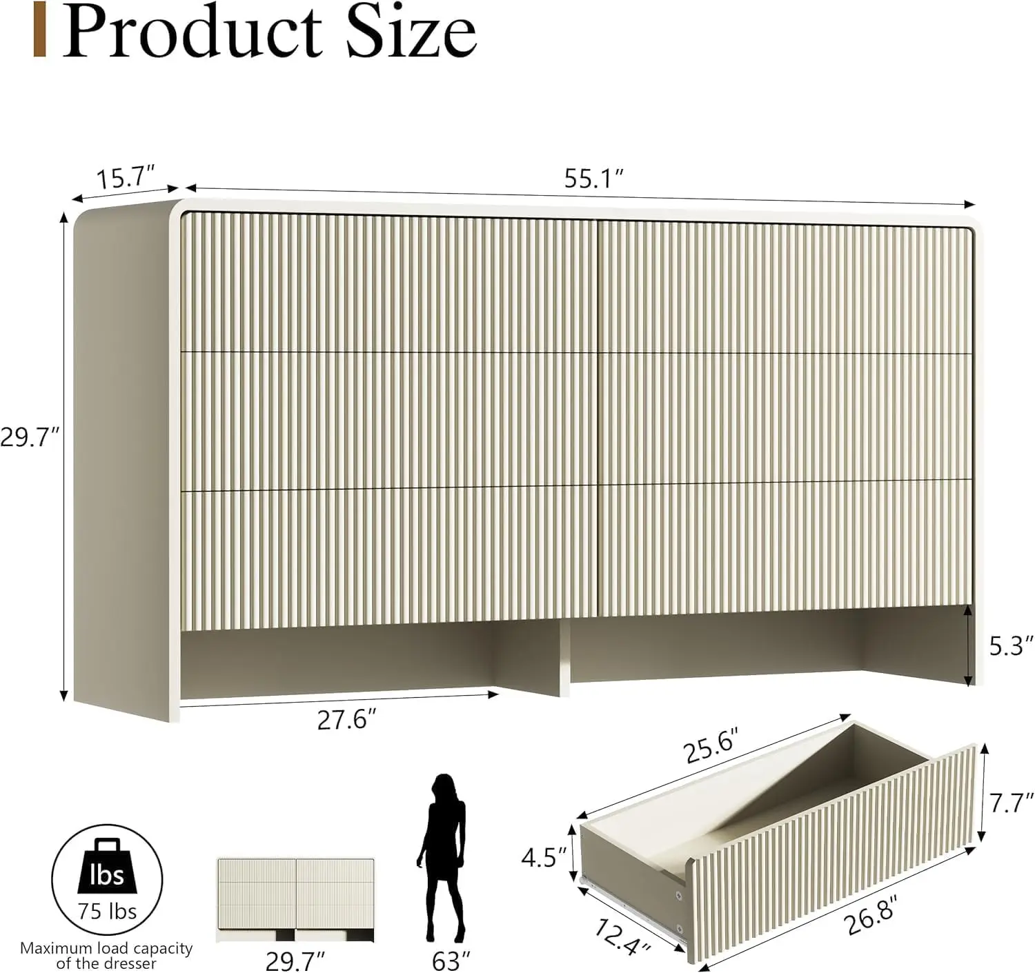 3 Piece Bedroom Dresser Set, 6 Drawer Dresser with 2 Nightstands, Fluted Chest of Drawers with Pop-Up Design, Modern