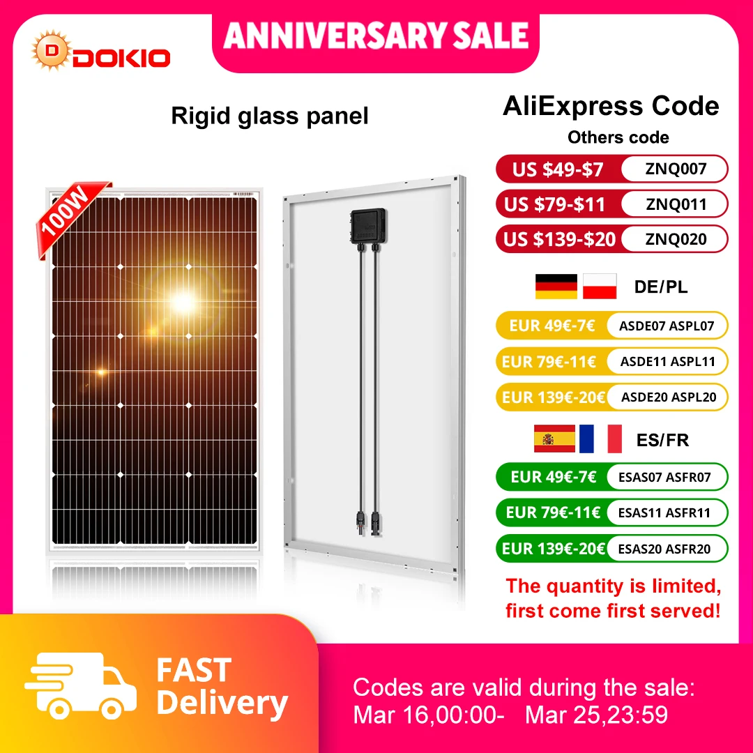 18V 100W Waterproof Solar Panel for 12V