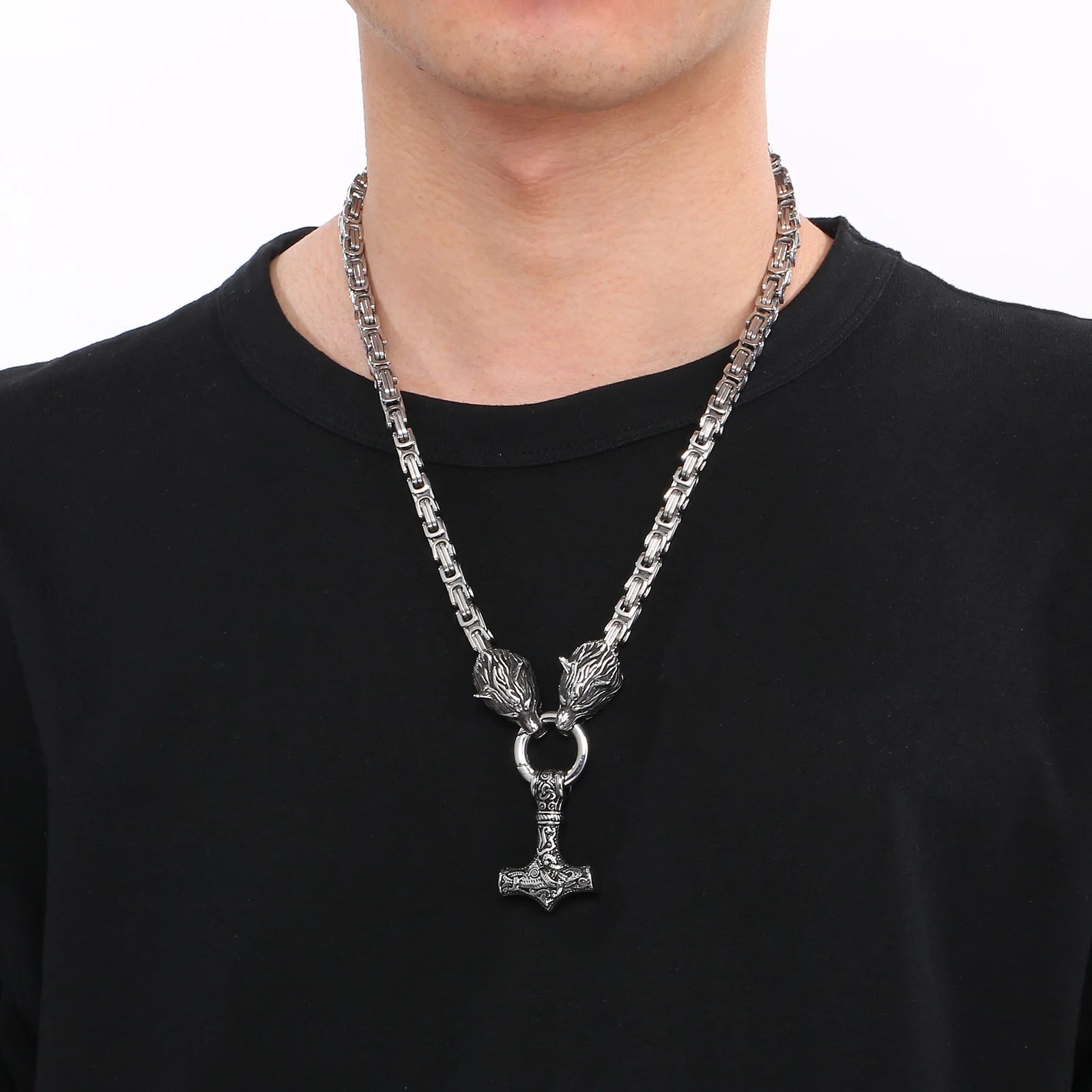 Vintage Stainless Steel Wolf Head Pendant Byzantine Emperor Chain Necklace Norse Viking Amulet Thor Hammer King Jewelry